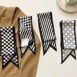 Set of 4 Black White French Style Twilly Scarves | Silk Feel Skinny Scarf | Bag